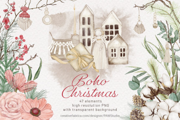 Christmas Boho Watercolour Clipart for Editorial and Web Design