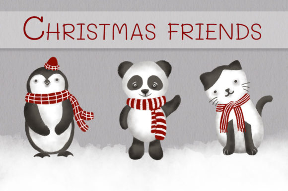 Christmas Cat, Penguin and Panda Illustrations for Handmade Creations
