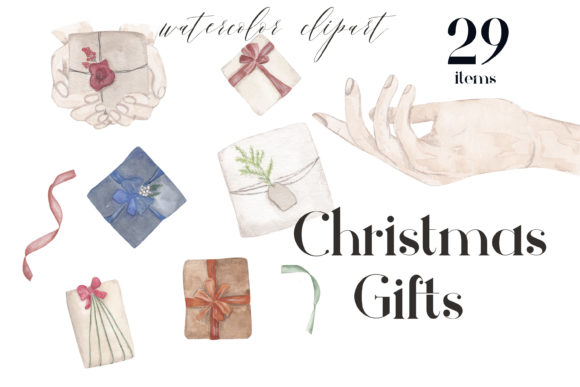 Christmas Gifts Box Clipart, Watercolor Illustrations for Local Branding