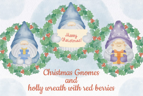 Christmas Gnome in a Wreath Watercolor Illustrations