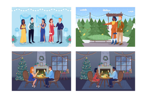 Christmas Holiday Preparation Flat Color Illustrations