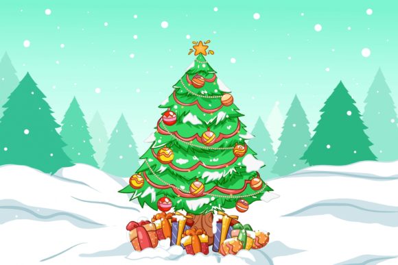 Christmas Tree and Gift with Winter Sky Illustration Review