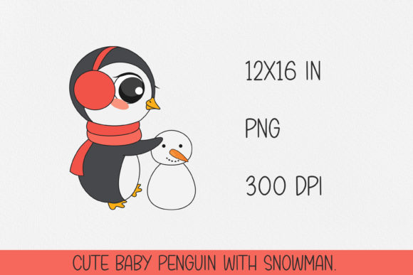 Cute Christmas Baby Penguin with Snowman Illustration