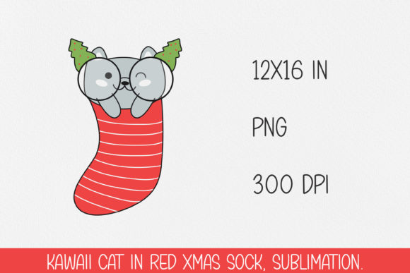 Kawaii Cat in Christmas Red Sock Illustration