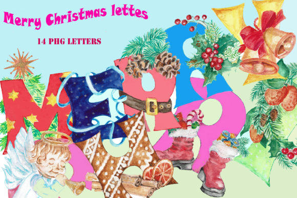Merry Christmas Letters Watercolor Illustrations