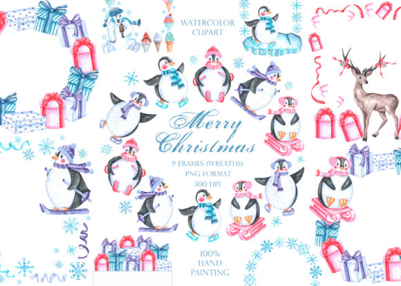 Penguin Clipart, Frame. Christmas. Illustrations