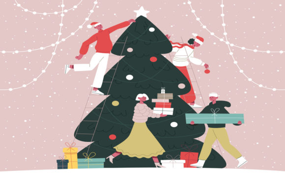 People Decorate Christmas Tree Illustration for Crafting
