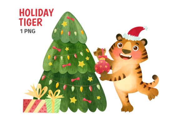 Tiger and Christmas Tree Illustration for New Year 2022