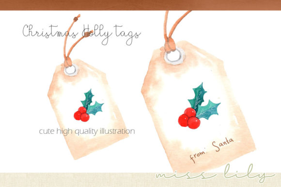 Watercolor Christmas Holly Tag Illustrations