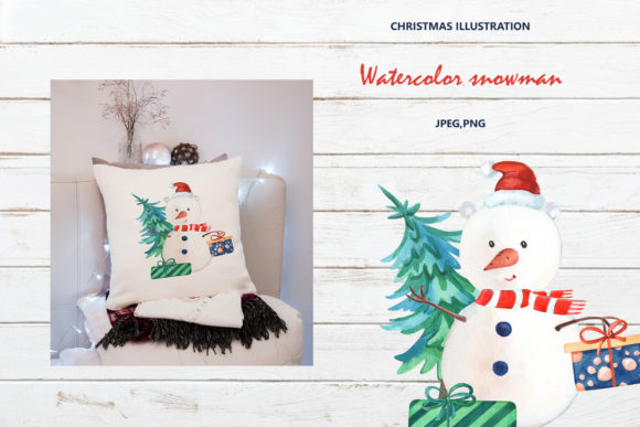 Watercolor Snowman with Christmas Tree Illustration